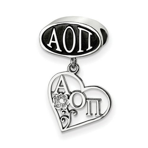 Alpha Omicron Pi Sorority Oval Sterling Silver Black Bead & Rose in Heart Dangle