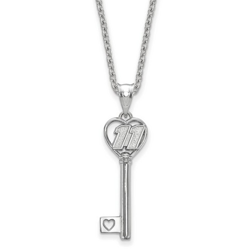 Denny Hamlin #11 Car Number in Heart Key Sterling Silver Pendant & Chain