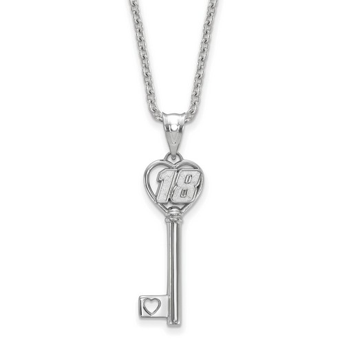 Kyle Busch #18 Car Number in Heart Key Sterling Silver Pendant & Chain