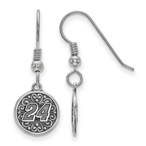 Jeff Gordon #24 Round Car Number Shepherd Hook Earrings In Sterling Silver