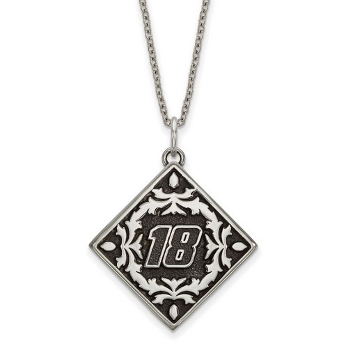 Kyle Busch #18 Square Stainless Steel Bali Type Leaf Pattern Pendant & Chain