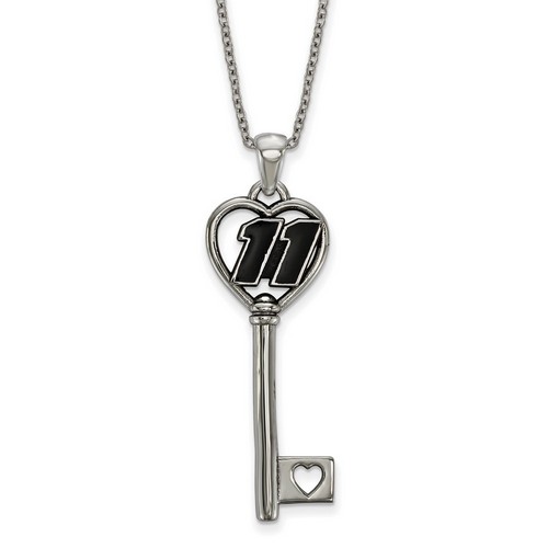 Denny Hamlin #11 Number Inside Heart Key Stainless Steel Pendant & Rolo Chain