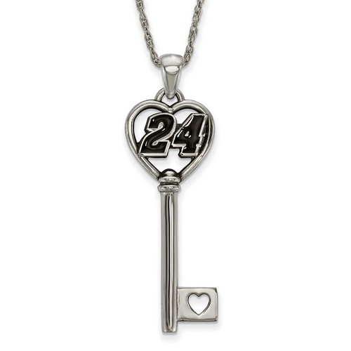 Jeff Gordon #24 Number Heart Key Stainless Steel Pendant & Rolo Chain