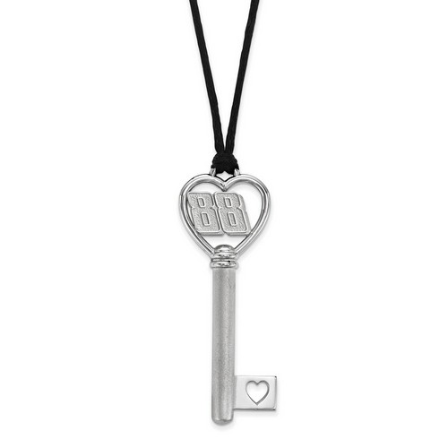 Dale Earnhardt Jr #88 Heart Key On Silk Cord Necklace In Sterling Silver