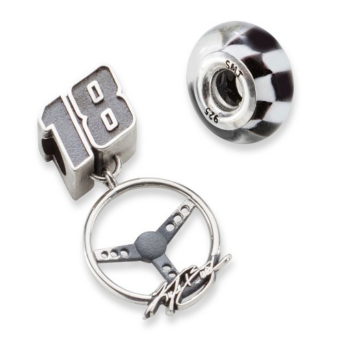 Kyle Busch #18 Checkered Flag Car Number & Steering Wheel Sterling Silver Bead