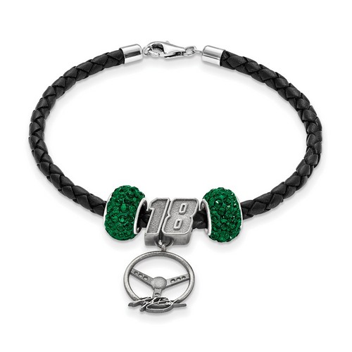 Kyle Busch #18 Two Green Crystal Beads Steering Wheel & Black Leather Bracelet