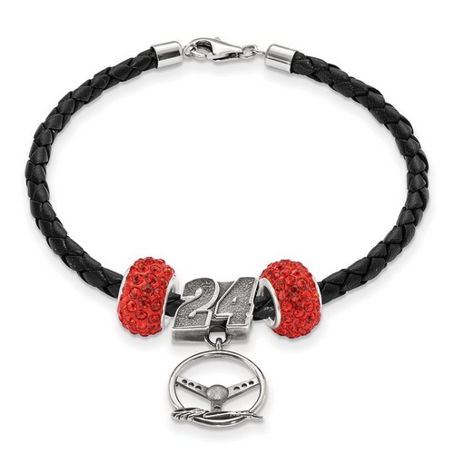 Jeff Gordon #24 Two Red Crystal Beads Steering Wheel & Black Leather Bracelet