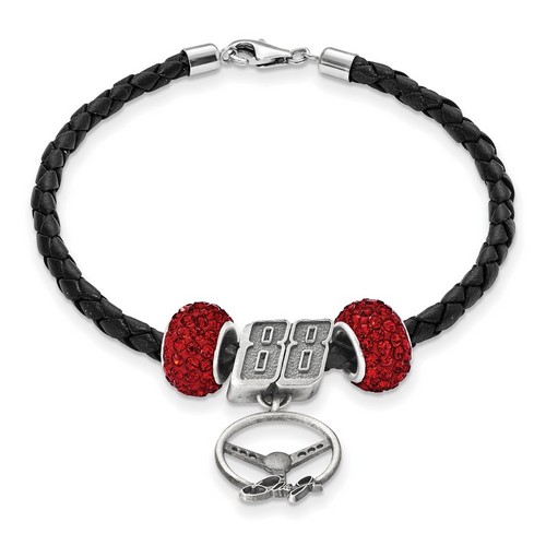 Dale Earnhardt Jr 88 Two Red Crystal Beads Steering Wheel Black Leather Bracelet