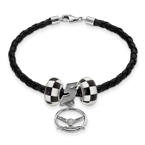 Kasey Kahne #5 Twin Checkered Flag Beads Steering Wheel & Black Leather Bracelet