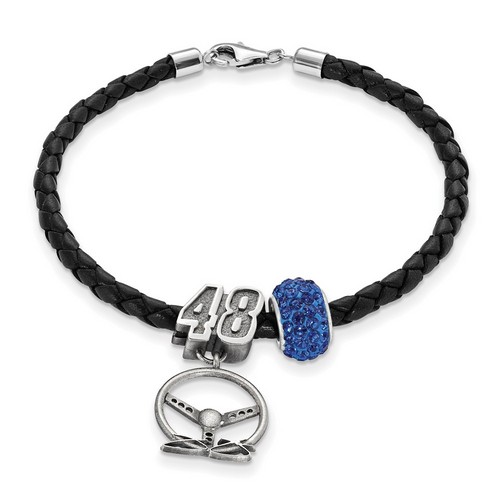 Jimmie Johnson #48 Blue Crystal Bead Steering Wheel & Black Leather Bracelet
