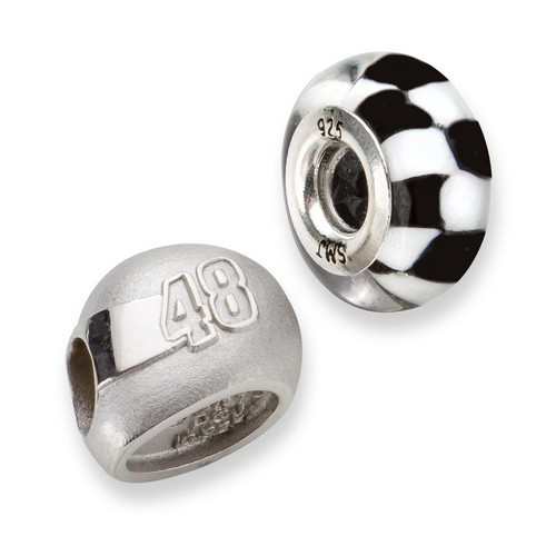 Jimmie Johnson #48 Checkered Flag Helmet & Car Number Bead In Sterling Silver