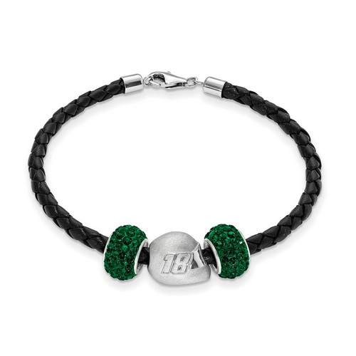 Kyle Busch #18 Two Green Crystal Silver Beads Helmet & Black Leather Bracelet