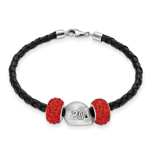 Matt Kenseth #20 Two Red Crystal Silver Beads Helmet & Black Leather Bracelet