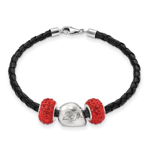 Jeff Gordon #24 Two Red Crystal Silver Beads Helmet & Black Leather Bracelet