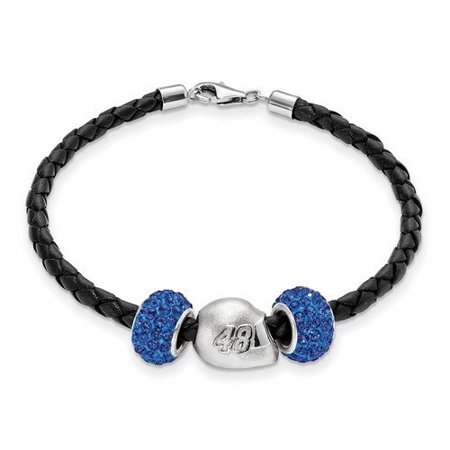 Jimmie Johnson #48 Two Blue Crystal Silver Beads Helmet & Black Leather Bracelet