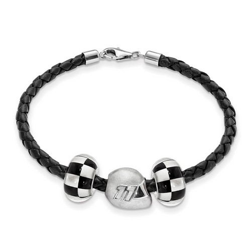 Denny Hamlin #11 Twin Checkered Flag Beads Helmet & Black Leather Bracelet