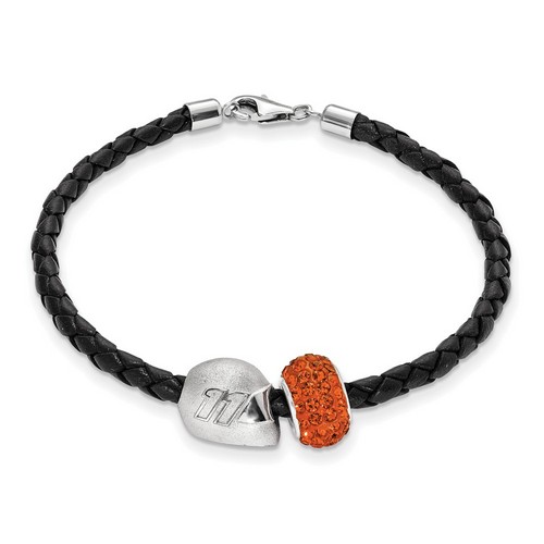 Denny Hamlin #11 Silver Orange Crystal Bead Helmet & Black Leather Bracelet