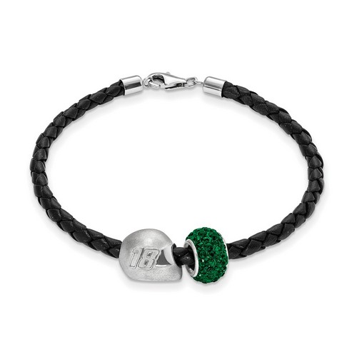 Kyle Busch #18 Green Crystal Sterling Silver Bead Helmet Black Leather Bracelet