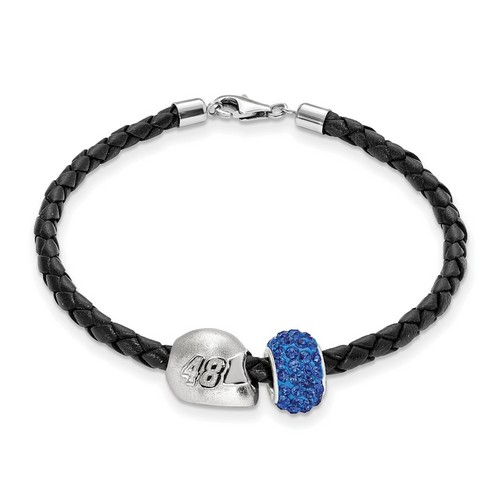 Jimmie Johnson #48 Blue Crystal Silver Bead Helmet & Black Leather Bracelet