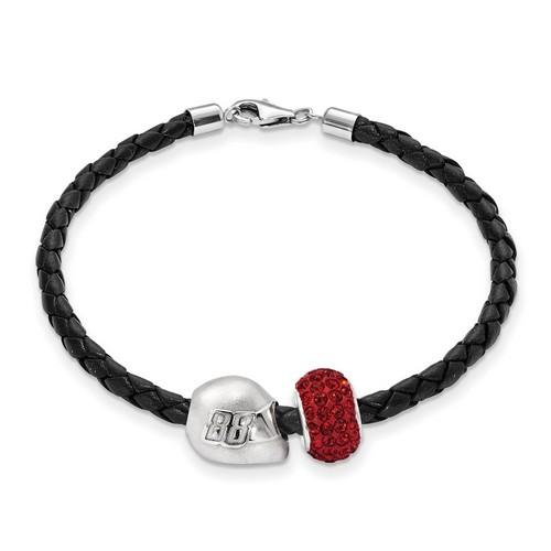 Dale Earnhardt Jr #88 Red Crystal Silver Bead Helmet & Black Leather Bracelet