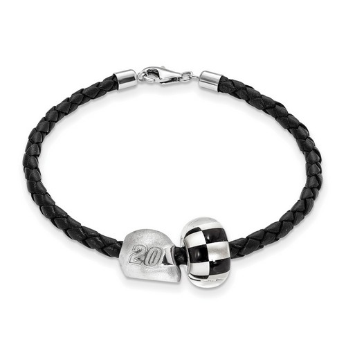 Matt Kenseth #20 Silver Checkered Flag Bead Helmet & Black Leather Bracelet