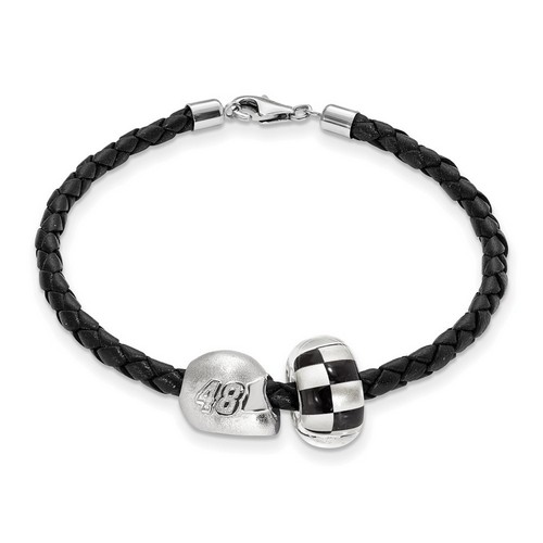 Jimmie Johnson #48 Silver Checkered Flag Bead Helmet & Black Leather Bracelet