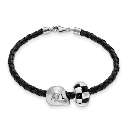 Kasey Kahne #5 Silver Checkered Flag Bead Helmet & Black Leather Bracelet