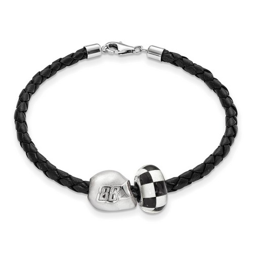 Dale Earnhardt Jr #88 Silver Checkered Flag Bead Helmet & Black Leather Bracelet