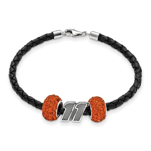 Denny Hamlin #11 Two Orange Crystal Sterling Silver Beads Black Leather Bracelet