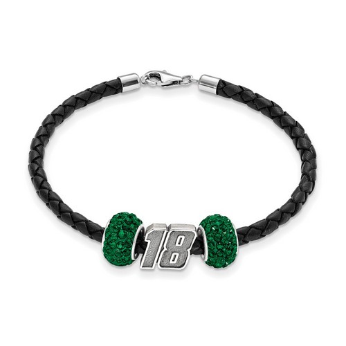 Kyle Busch #18 Two Green Crystal Sterling Silver Beads & Black Leather Bracelet