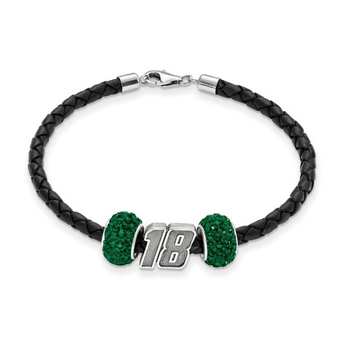 Kyle Busch #18 Two Green Crystal Sterling Silver Beads & Black Leather Bracelet