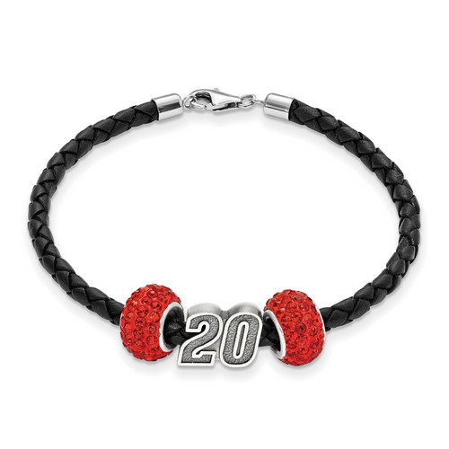 Matt Kenseth #20 Two Red Crystal Sterling Silver Beads & Black Leather Bracelet