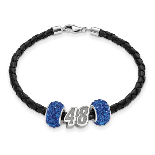 Jimmie Johnson #48 Two Blue Crystal Sterling Silver Beads Black Leather Bracelet