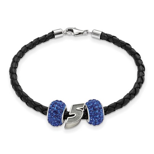 Kasey Kahne #5 Two Blue Crystal Sterling Silver Beads & Black Leather Bracelet