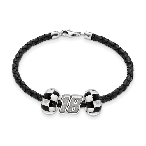 Kyle Busch #18 Sterling Silver Two Checkered Flag Beads & Black Leather Bracelet