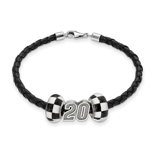 Matt Kenseth #20 Silver Twin Checkered Flag Beads & Black Leather Bracelet