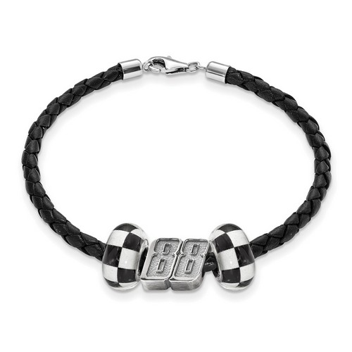 Dale Earnhardt Jr #88 Silver Twin Checkered Flag Beads & Black Leather Bracelet