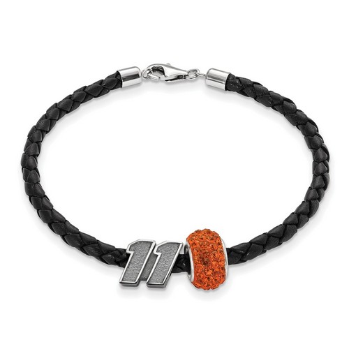 Denny Hamlin #11 Sterling Silver Orange Crystal Bead & Black Leather Bracelet