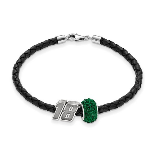 Kyle Busch #18 Sterling Silver Green Crystal Bead & Black Leather Bracelet
