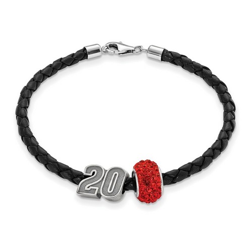 Matt Kenseth #20 Sterling Silver Red Crystal Bead & Black Leather Bracelet