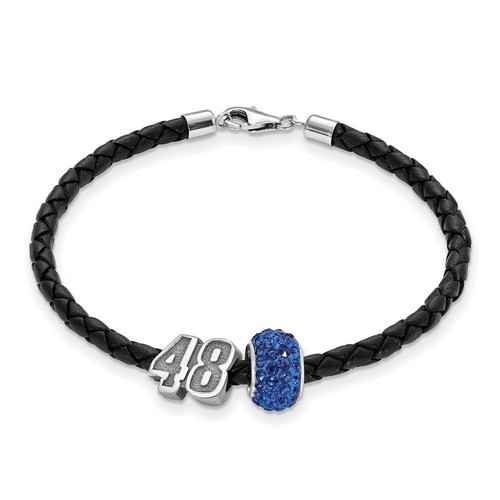Jimmie Johnson #48 Sterling Silver Blue Crystal Bead & Black Leather Bracelet