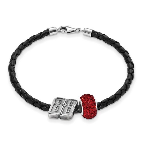 Dale Earnhardt Jr #88 Sterling Silver Red Crystal Bead & Black Leather Bracelet