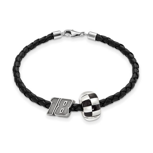 Kyle Busch #18 Sterling Silver Checkered Flag Bead & Black Leather Bracelet