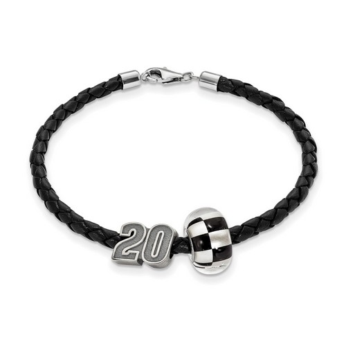 Matt Kenseth #20 Sterling Silver Checkered Flag Bead & Black Leather Bracelet