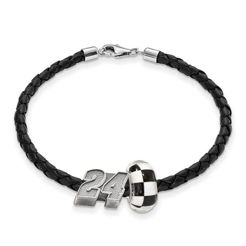 Jeff Gordon #24 Sterling Silver Checkered Flag Bead & Black Leather Bracelet