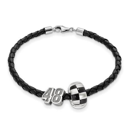 Jimmie Johnson #48 Sterling Silver Checkered Flag Bead & Black Leather Bracelet