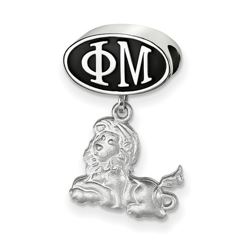 Phi Mu Sorority Black Oval House Letters Bead & Lion Dangle in Sterling Silver