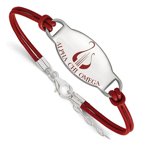 Alpha Chi Omega Sorority Enameled Sterling Silver Oval Leather Bracelet 5.40 gr