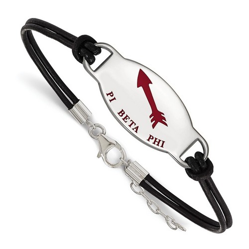 Pi Beta Phi Sorority Enameled Oval Black Leather Sterling Silver Bracelet