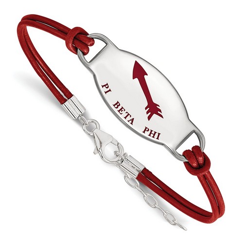 Pi Beta Phi Sorority Enameled Oval Leather Bracelet in Sterling Silver 5.40 gr